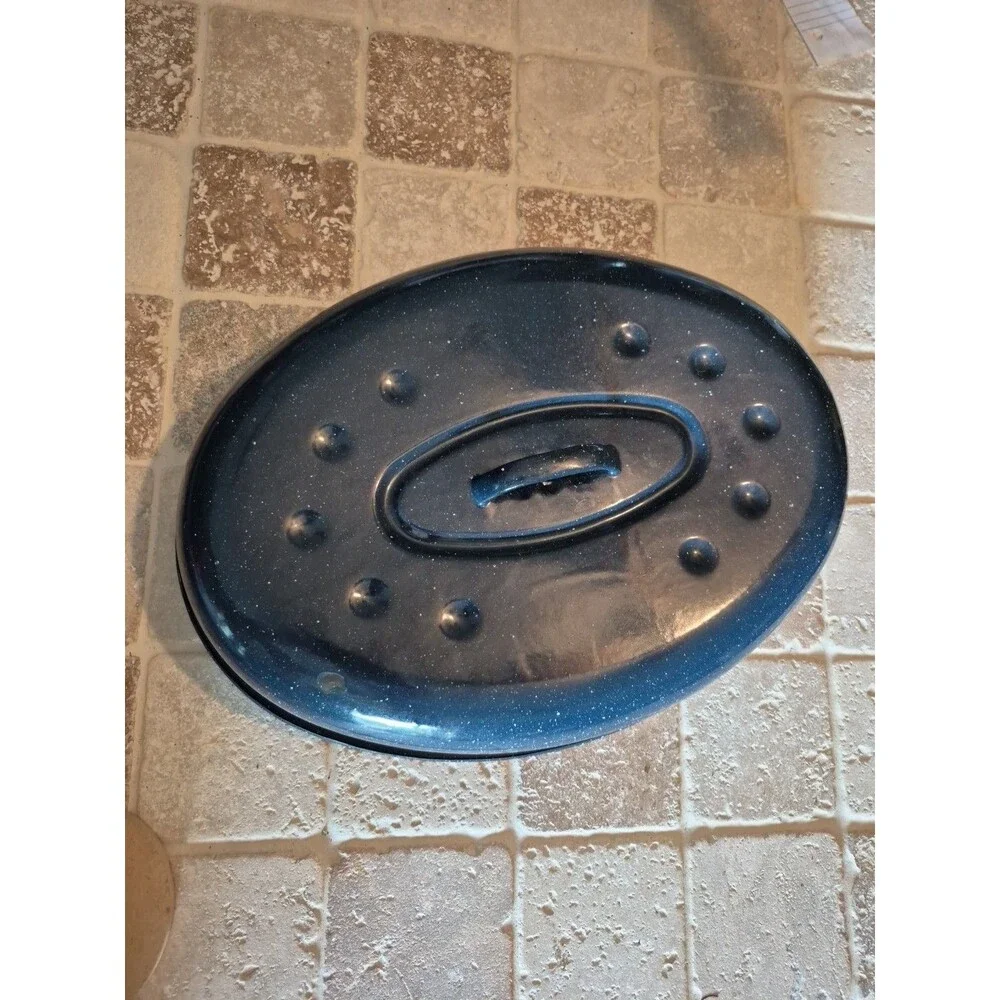 Vintage Blue & White Speckled Enamelware Replacement Roaster Lid Oval Baking